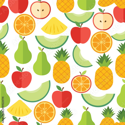 Fruit minimal seamless pattern. Colorful illustration of apples, oranges, pears, pineapples. White background. Fresh fruit design. Repeating texture. Vector graphics. Fruit shapes. Minimal style.