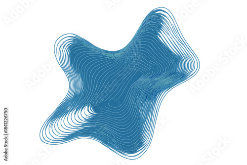 Abstract blue flowing shape composed of multiple wavy contour lines on a clean white background