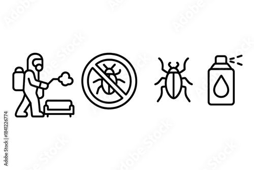 Outline icons of pest control services featuring exterminator, insecticide spray, prohibited bug sign, and aerosol can