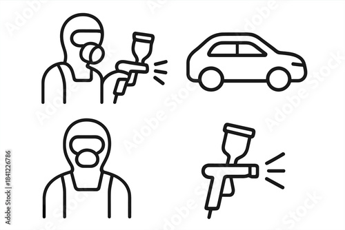 Automotive body repair service symbols featuring a worker, spray gun, and car silhouette