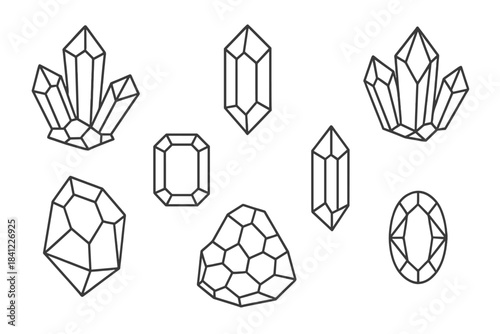 Collection of natural crystals and faceted gemstones depicted in various geometric shapes