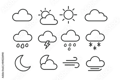 Minimalist outline symbols for weather forecast and atmospheric conditions