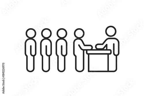 People standing in line waiting for service or registration at a counter or desk