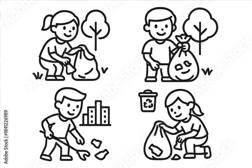 Children and adults cleaning up litter in parks and urban areas for environmental protection