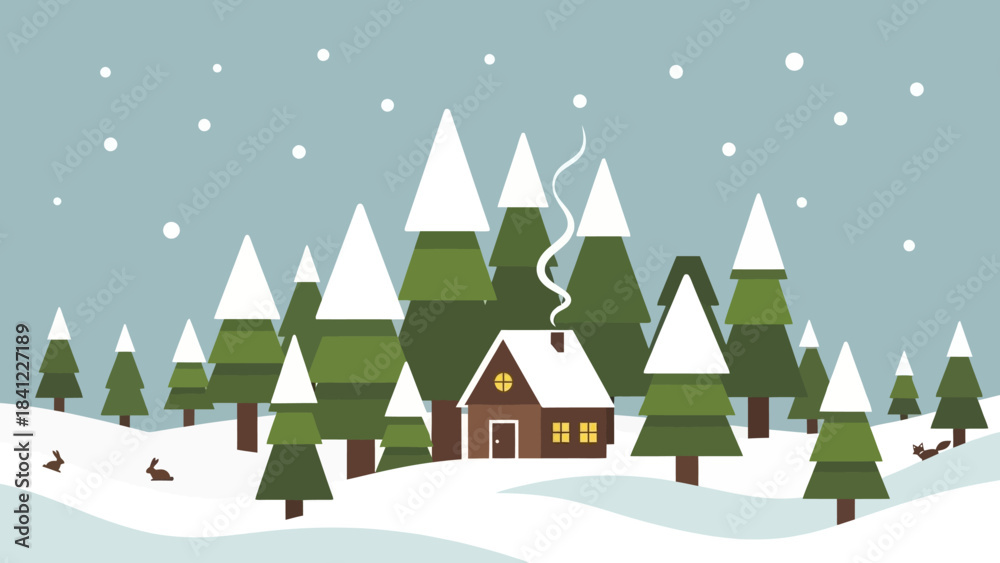 Naklejka premium Cozy Cabin in a Snowy Winter Forest Landscape.