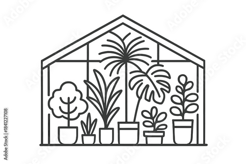 Potted houseplants arranged inside a glass greenhouse or botanical garden structure