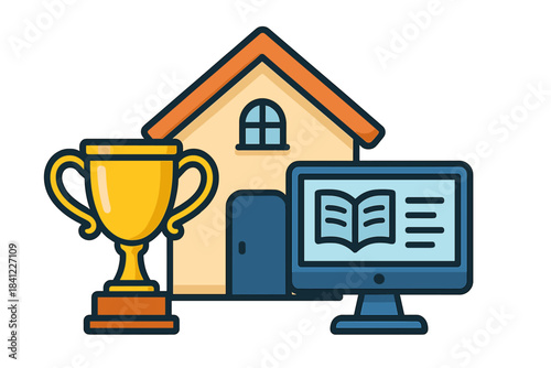 Home education success symbolized by a golden award trophy, residential building, and online learning monitor