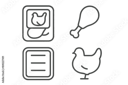 Collection of four outline symbols showing chicken, poultry, meat packaging, and drumstick