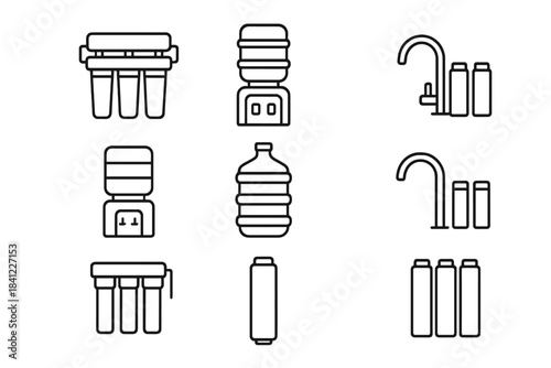 Outline icons of water purification and dispensing systems including filters, coolers, and large bottles