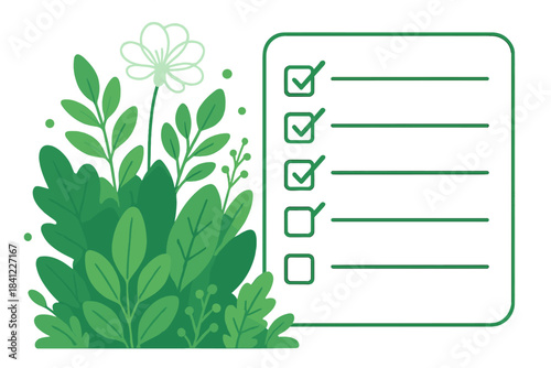 Lush green foliage and blooming flower beside a task list with check marks