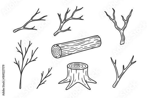 Hand drawn natural wooden elements collection including bare branches, log, and tree stump