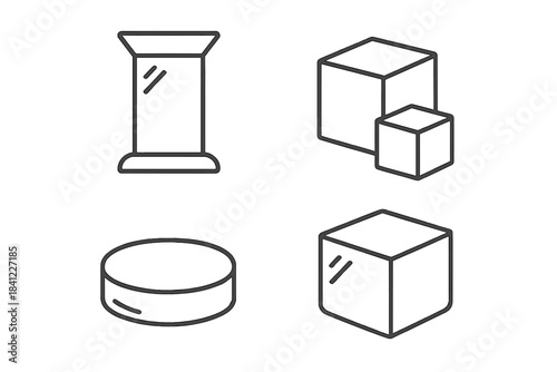 Minimalist outline icons of geometric shapes including cube, cylinder, and display podium