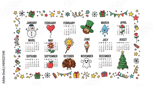 Cute Cartoon Calendar with Seasonal Icons for Each Month.