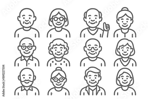 Diverse group of happy elderly men and women faces, senior population avatars
