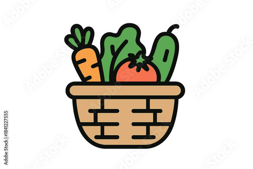 Woven basket filled with fresh organic vegetables harvested from the garden