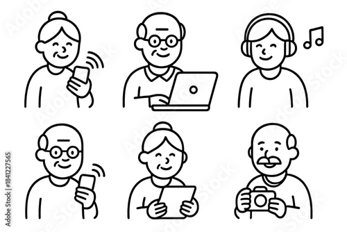 Set of elderly men and women interacting with smartphones, laptops, tablets, and cameras