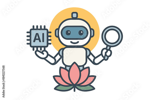 Friendly robot holding a processor chip and magnifying glass while standing on a lotus flower