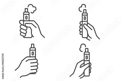 Outline icons showing hands holding and using electronic vape pens to inhale nicotine vapor