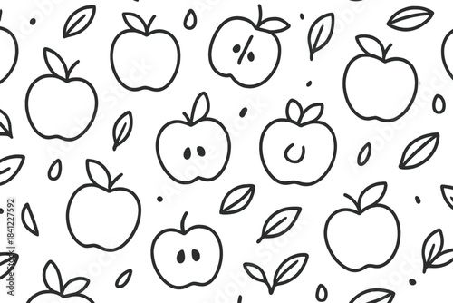 Hand drawn outline apples and scattered leaves in a minimalist black and white design