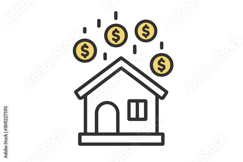 Money raining down on a house icon symbolizing financial gain and property income