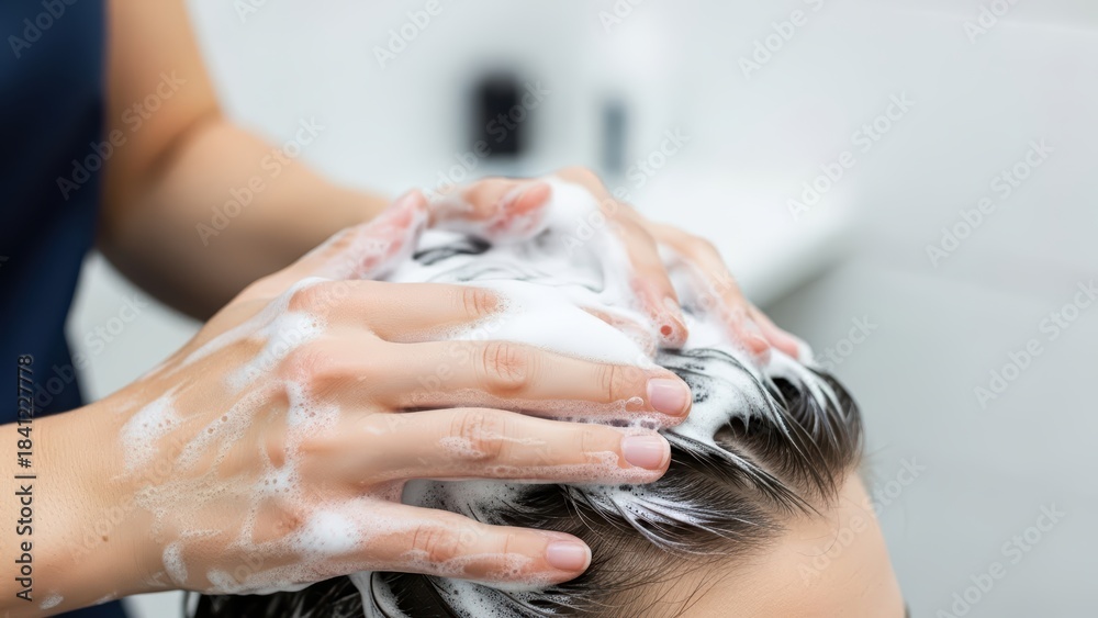 Naklejka premium Caucasian adult shampooing hair with bubbles in bathroom