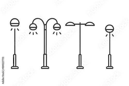 Different styles of urban street lighting fixtures including single and double lampposts
