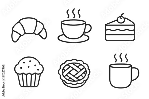 Minimalist outline drawings featuring breakfast pastries, sweet desserts, and hot beverages