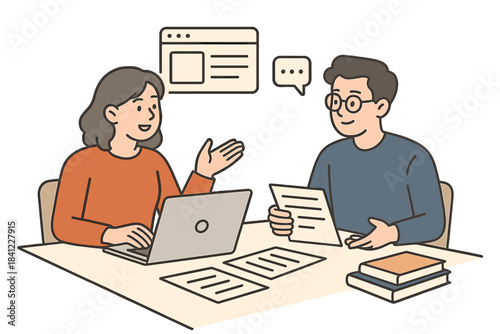 Professional business partners collaborating on a project using a laptop and documents