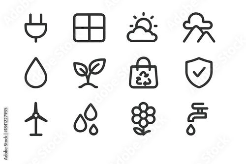 Outline icons set for ecology, renewable energy, nature, recycling, and environmental protection
