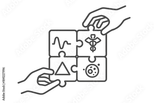 Hands assembling four jigsaw puzzle pieces with medical and scientific icons for integrated healthcare