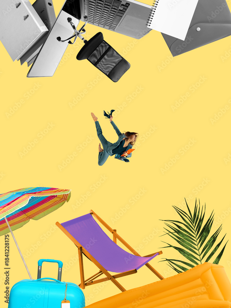 Fototapeta premium Digital artwork of woman falling between floating office items and beach vacation objects. Concept of remote flexibility, spontaneous breaks, digital freedom moments, energizing lifestyle promotions.