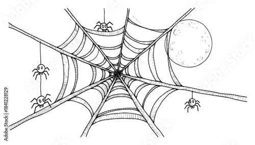 Spooky halloween spiderweb vector illustration featuring hanging spiders and full moon in hand drawn black and white sketch style