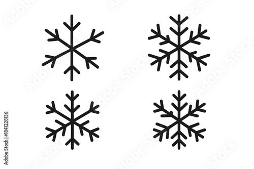 Collection of four simple black snowflake icons used as winter weather symbols