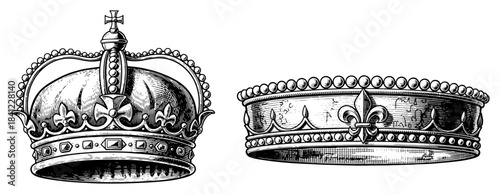 Royal Crown and Coronet Vintage Line Art Vector – Monarchy Regalia Jewelry Illustration