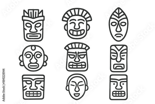 Nine stylized traditional Polynesian Tiki heads and tribal masks symbols collection