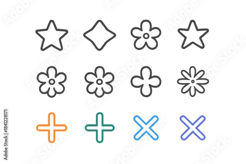 Outline icons collection featuring stars, flowers, geometric shapes, and math symbols