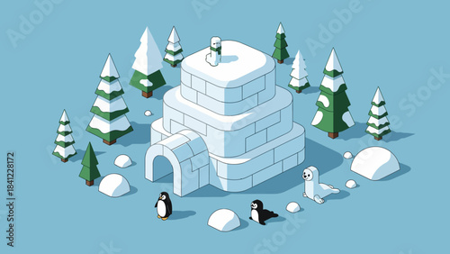 Isometric Igloo with Arctic Animals and Pine Trees in Winter Landscape.