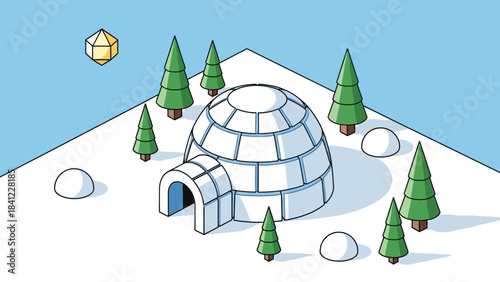 Isometric Igloo in a Winter Landscape with Pine Trees and Snow Drifts.