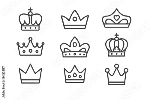 Set of simple outline symbols representing royal crowns, diadems, and monarchy