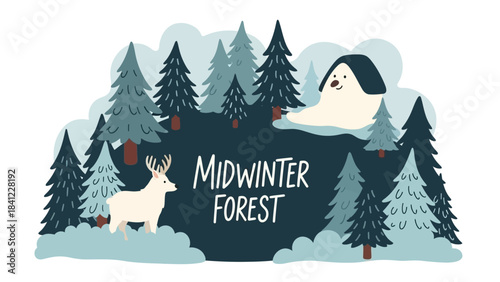 Midwinter Forest Scene with Deer and Dog Illustration.