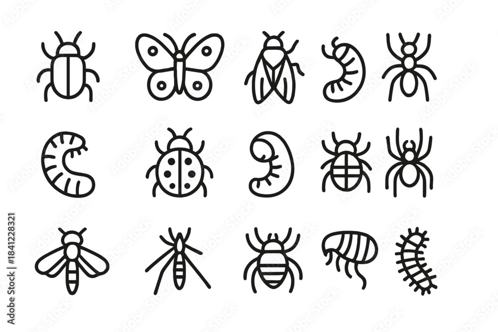 Fototapeta premium Minimalist outline symbols of various insects, bugs, and common arthropods