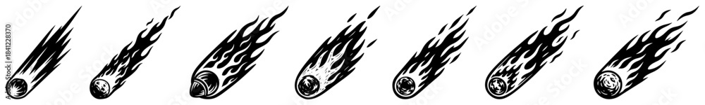 Obraz premium Set of falling meteor and comet icons with burning fire trails representing speed and impact vector silhouette illustration