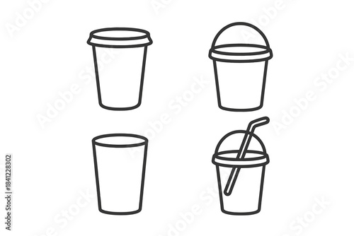 Set of outline symbols for disposable takeaway cups, coffee containers, and cold drinkware