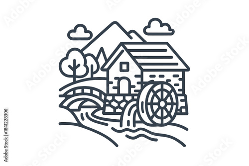 Traditional water mill building with spinning wheel on a river bank near a stone bridge and mountains