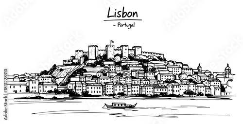Lisbon Portugal Cityscape Panorama Hand Drawn Sketch Historic Urban Skyline Vector Illustration