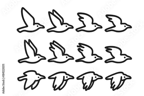 Twelve simple line art drawings of a bird flapping wings in flight sequence