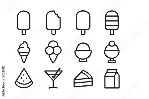Collection of outline icons for sweet desserts, frozen treats, and summer beverages
