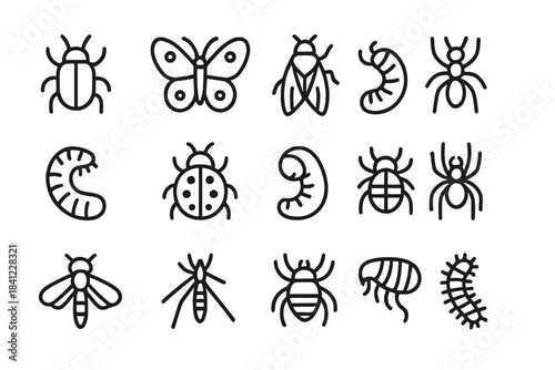 Minimalist outline symbols of various insects, bugs, and common arthropods
