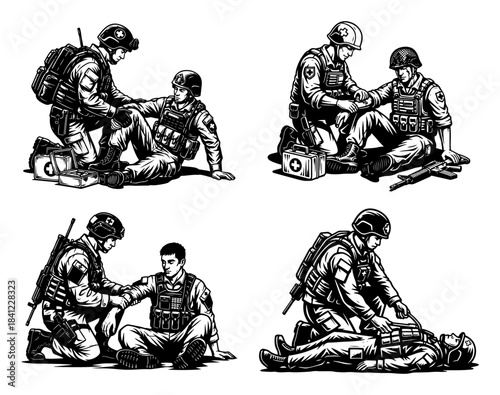Set of combat medic soldiers providing first aid to wounded troops vector illustration showing battlefield rescue scenes in monochrome sketch style