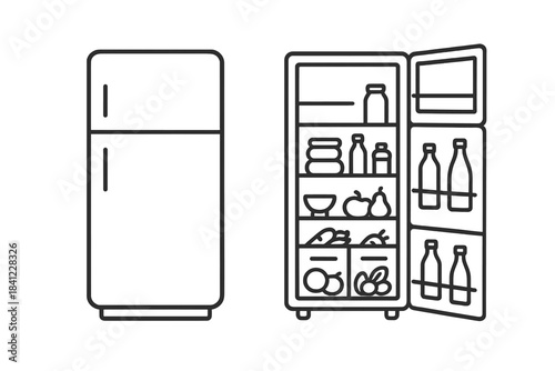 Closed and open refrigerator icons showing fresh food and drinks inside the appliance